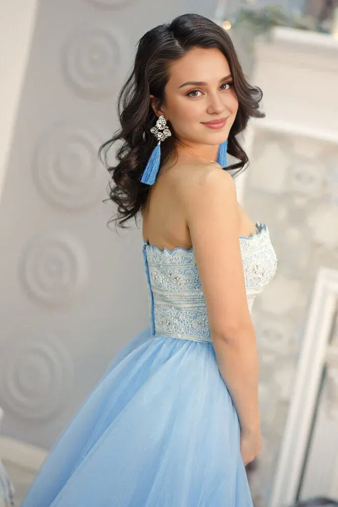 Prom Dresses Stores Princess Strapless Sky Blue Long Tulle A Line Prom Dress with White Lace  Formal Women's Dresses